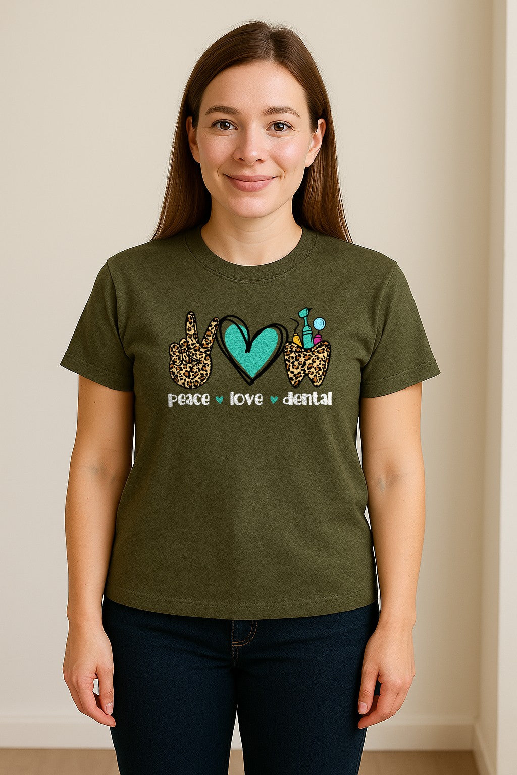 Peace Love Dental T-Shirt, Hand Heart Tooth Design for Dentists, Hygienists and Students