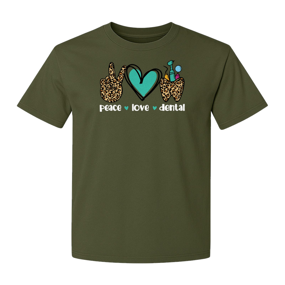 Peace Love Dental T-Shirt, Hand Heart Tooth Design for Dentists, Hygienists and Students