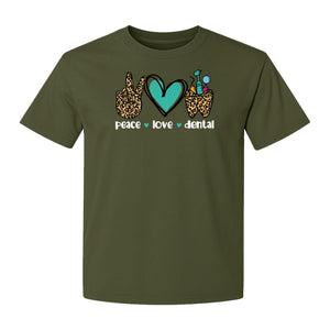 Peace Love Dental T-Shirt, Hand Heart Tooth Design for Dentists, Hygienists and Students