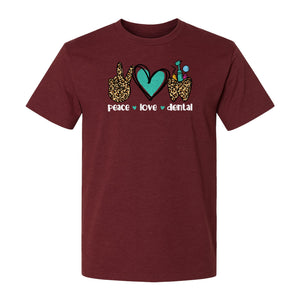 Peace Love Dental T-Shirt, Hand Heart Tooth Design for Dentists, Hygienists and Students