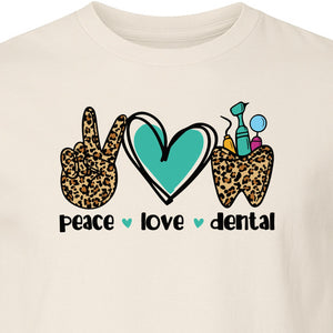 Peace Love Dental T-Shirt, Hand Heart Tooth Design for Dentists, Hygienists and Students