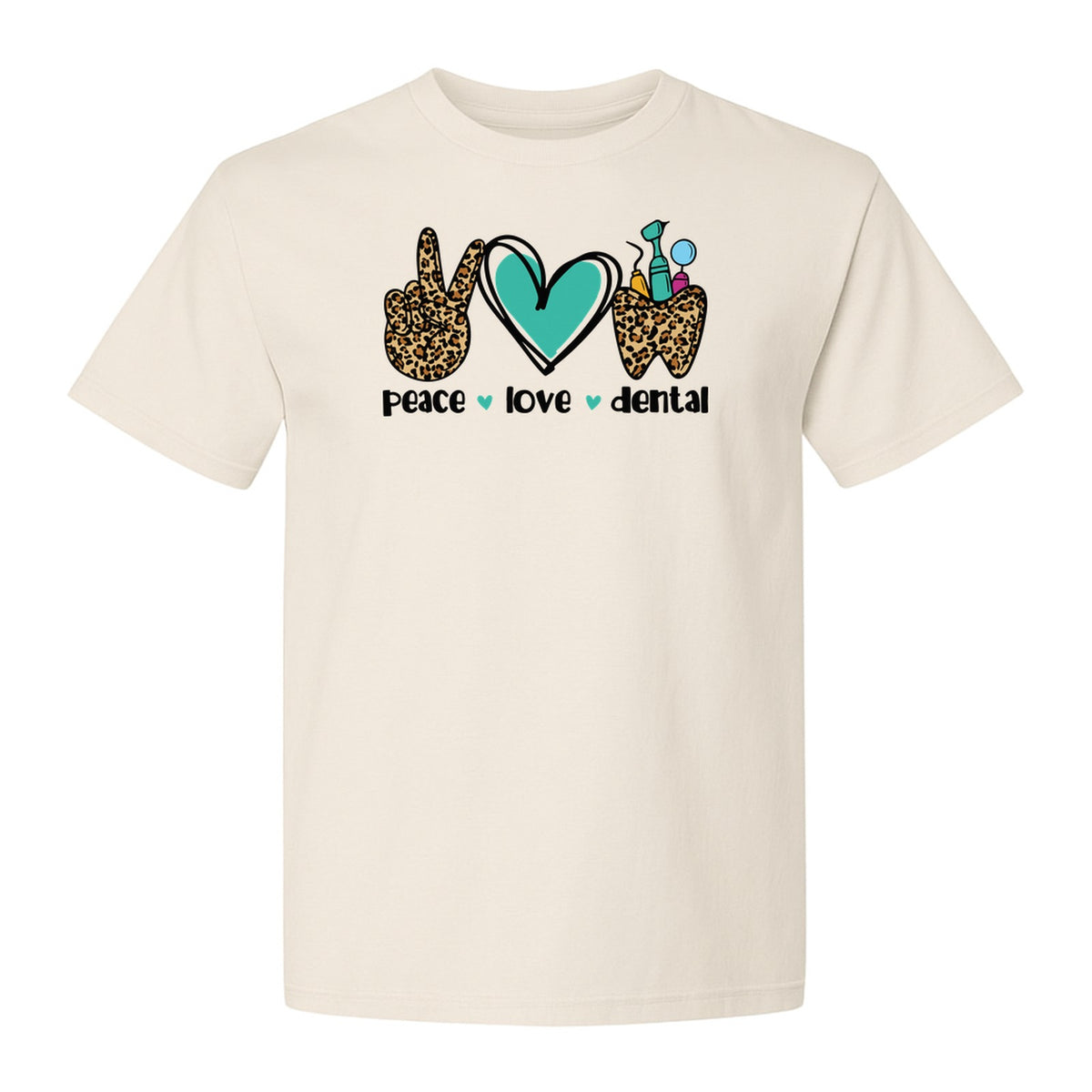 Peace Love Dental T-Shirt, Hand Heart Tooth Design for Dentists, Hygienists and Students