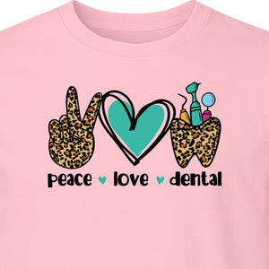 Peace Love Dental T-Shirt, Hand Heart Tooth Design for Dentists, Hygienists and Students