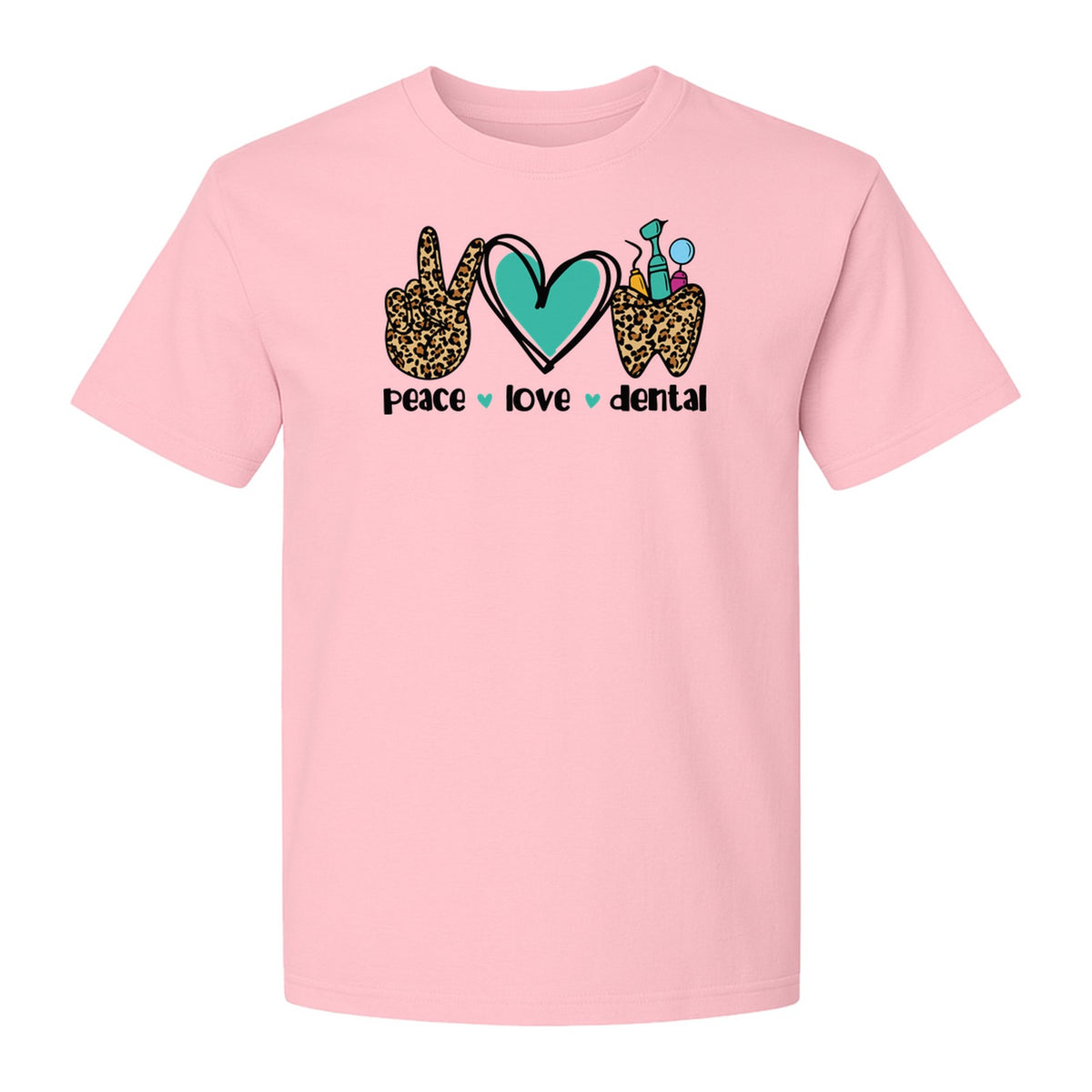 Peace Love Dental T-Shirt, Hand Heart Tooth Design for Dentists, Hygienists and Students