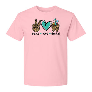Peace Love Dental T-Shirt, Hand Heart Tooth Design for Dentists, Hygienists and Students