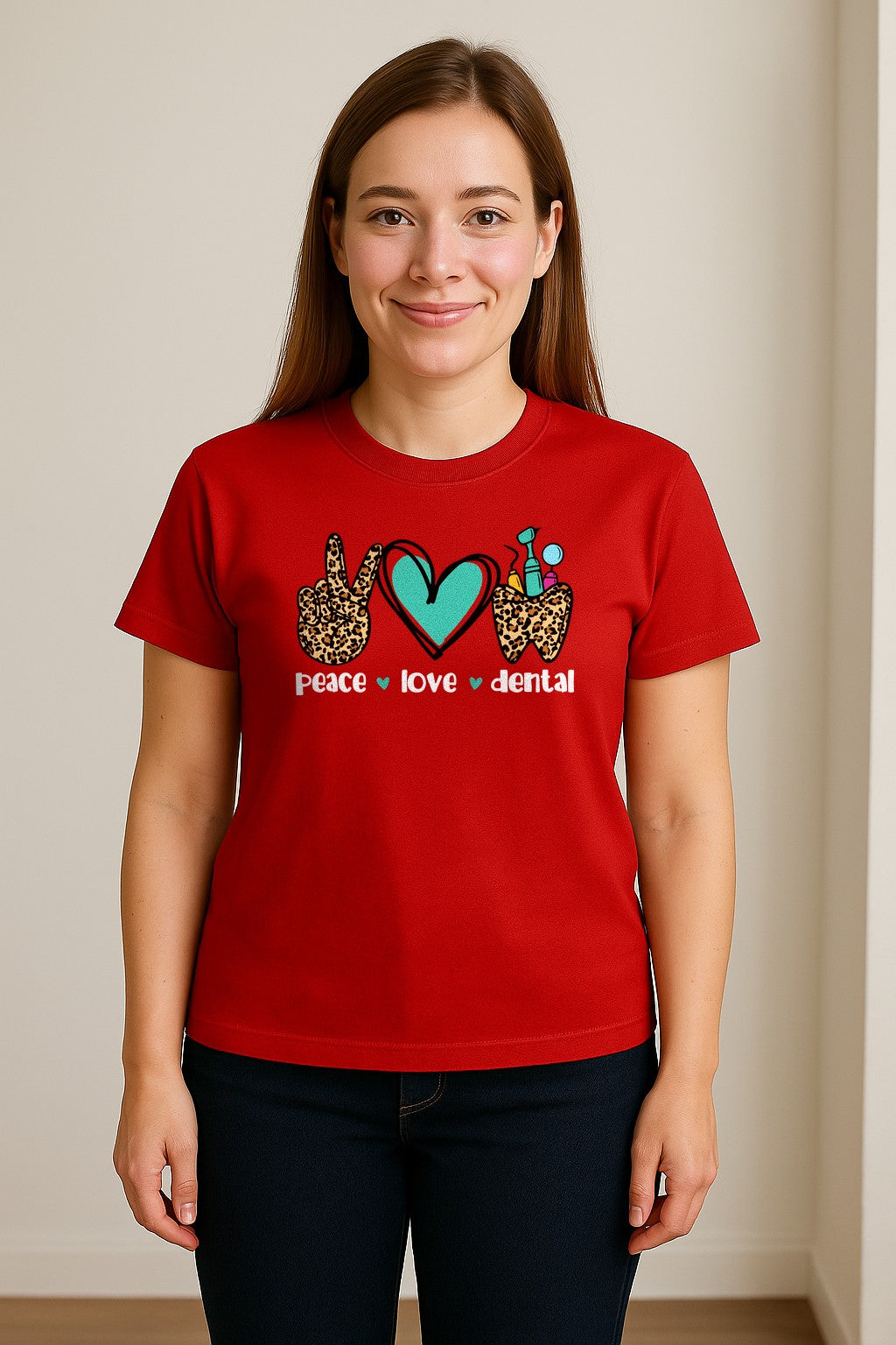 Peace Love Dental T-Shirt, Hand Heart Tooth Design for Dentists, Hygienists and Students