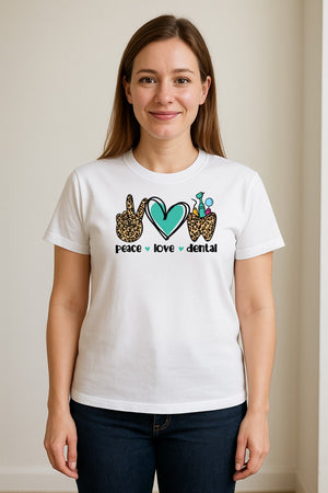 Peace Love Dental T-Shirt, Hand Heart Tooth Design for Dentists, Hygienists and Students