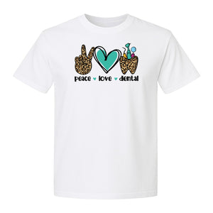 Peace Love Dental T-Shirt, Hand Heart Tooth Design for Dentists, Hygienists and Students