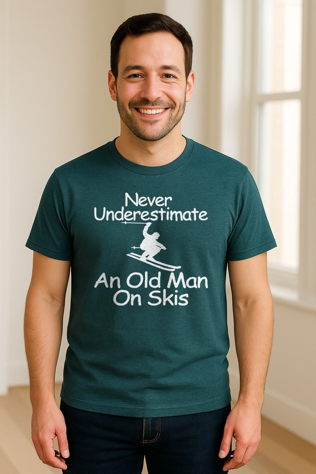 Skiing T-Shirt, Never Underestimate an Old Man on Skis, Funny Grandpa and Father Winter Design