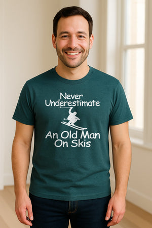 Skiing T-Shirt, Never Underestimate an Old Man on Skis, Funny Grandpa and Father Winter Design
