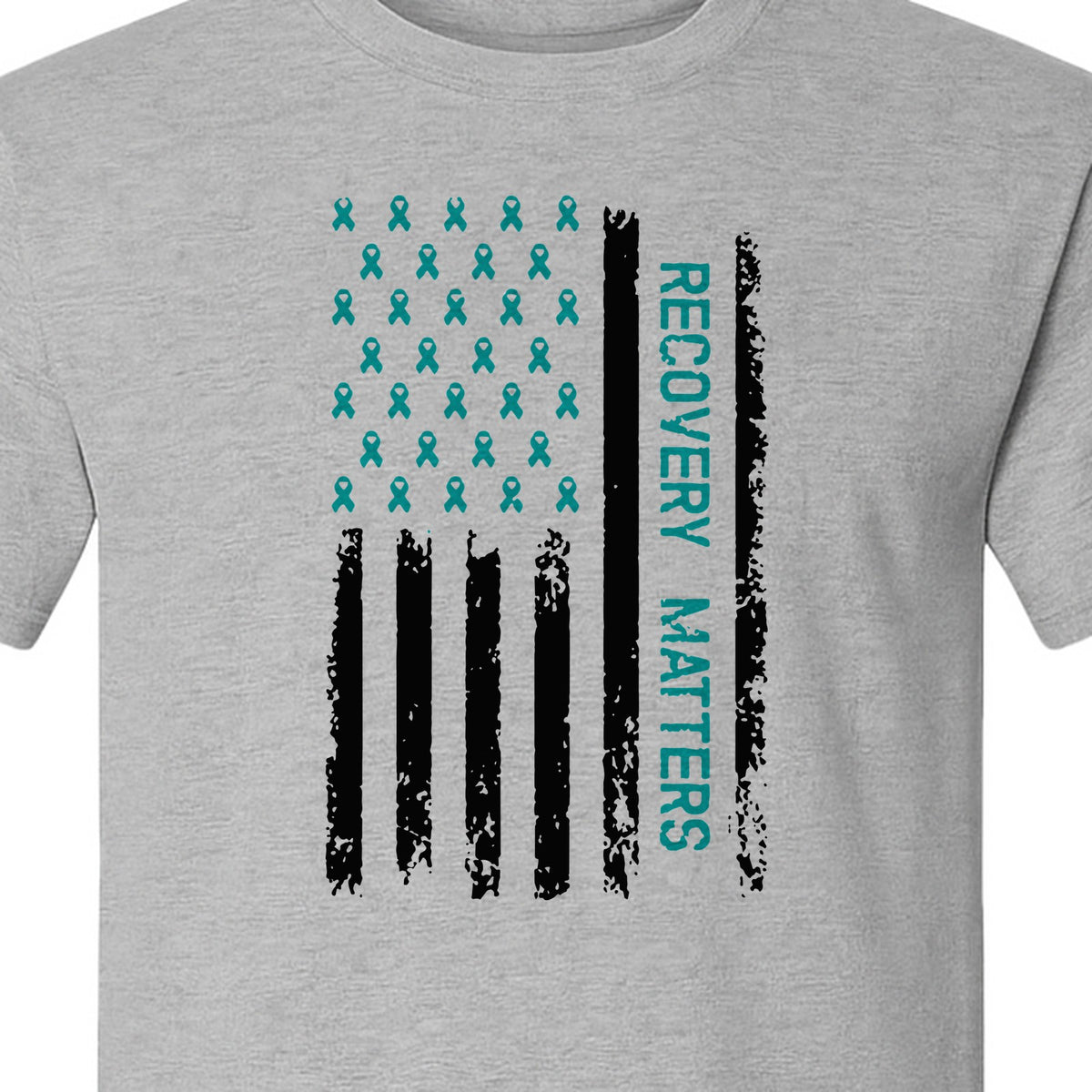 Recovery T-Shirt, Teal Ribbon Distressed Flag Design for Sobriety Support and Healing