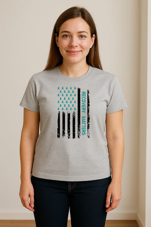 Recovery T-Shirt, Teal Ribbon Distressed Flag Design for Sobriety Support and Healing