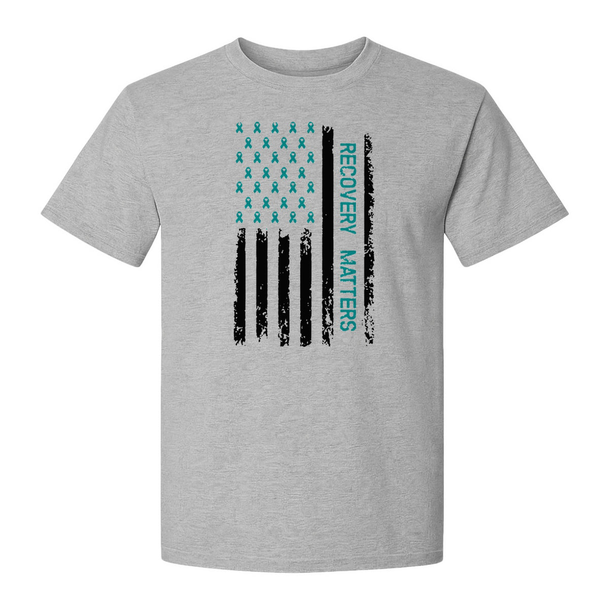 Recovery T-Shirt, Teal Ribbon Distressed Flag Design for Sobriety Support and Healing