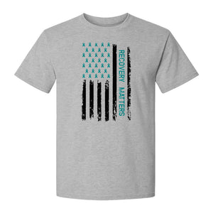 Recovery T-Shirt, Teal Ribbon Distressed Flag Design for Sobriety Support and Healing