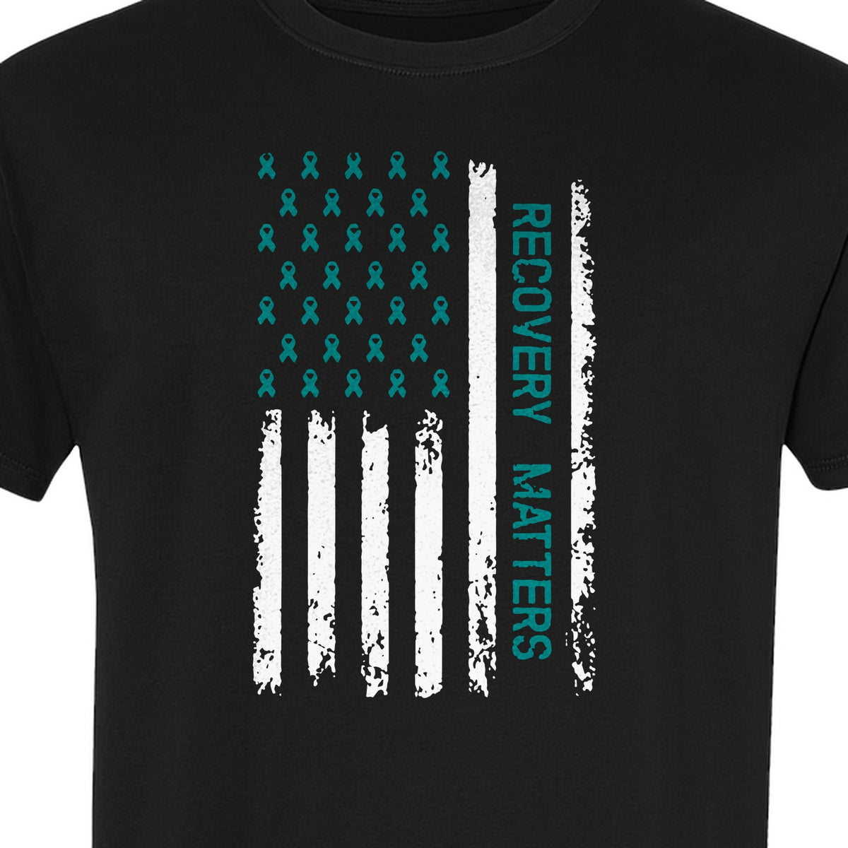 Recovery T-Shirt, Teal Ribbon Distressed Flag Design for Sobriety Support and Healing