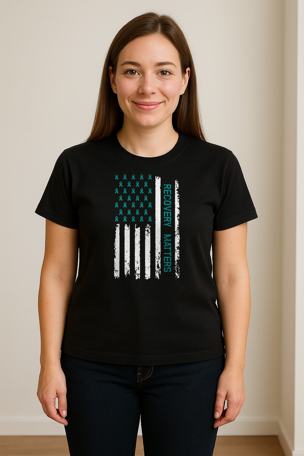 Recovery T-Shirt, Teal Ribbon Distressed Flag Design for Sobriety Support and Healing