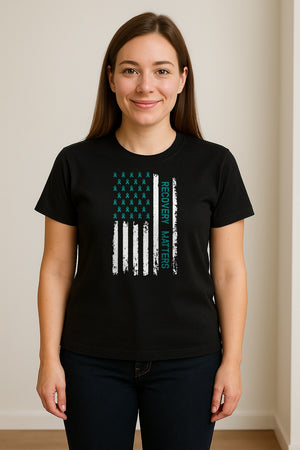 Recovery T-Shirt, Teal Ribbon Distressed Flag Design for Sobriety Support and Healing