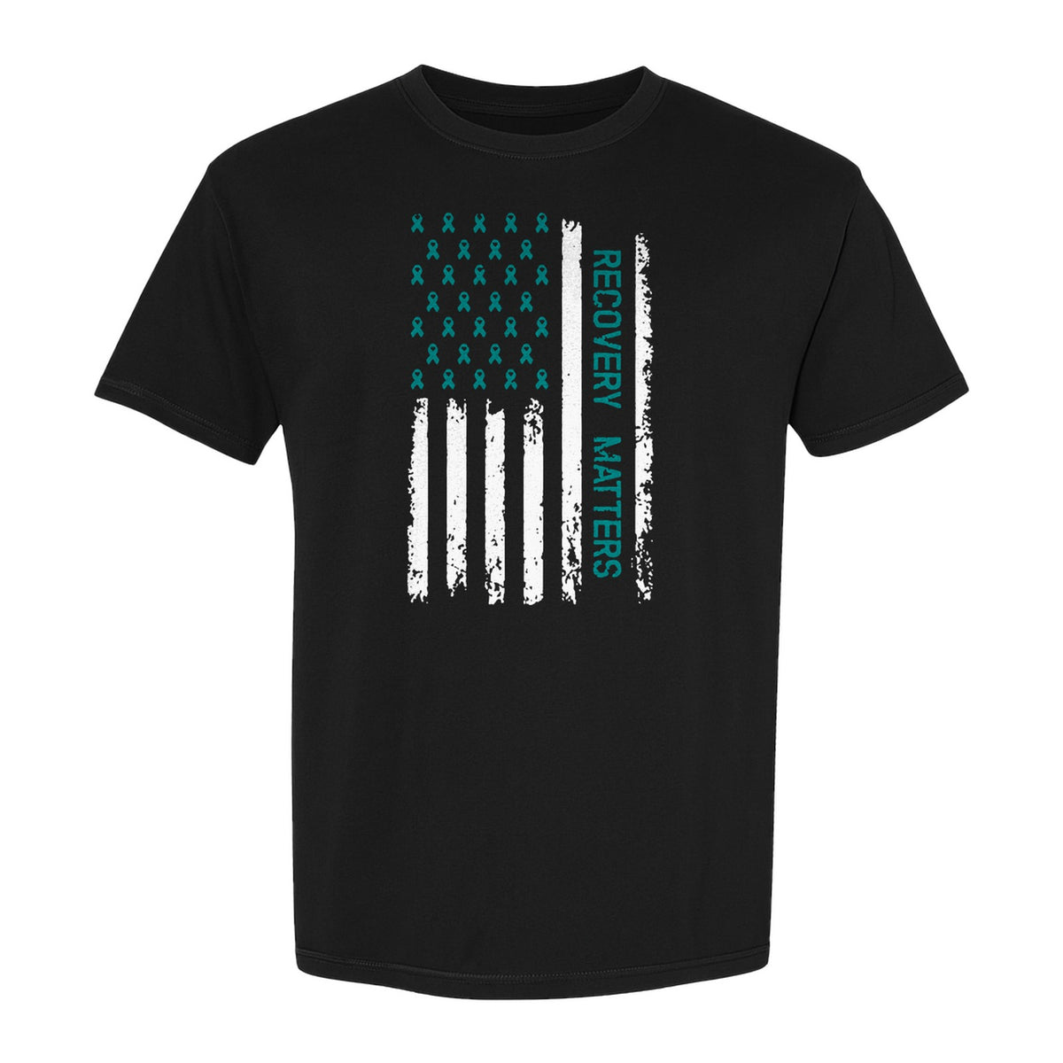 Recovery T-Shirt, Teal Ribbon Distressed Flag Design for Sobriety Support and Healing