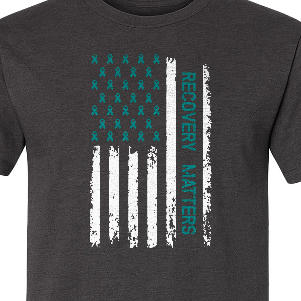 Recovery T-Shirt, Teal Ribbon Distressed Flag Design for Sobriety Support and Healing