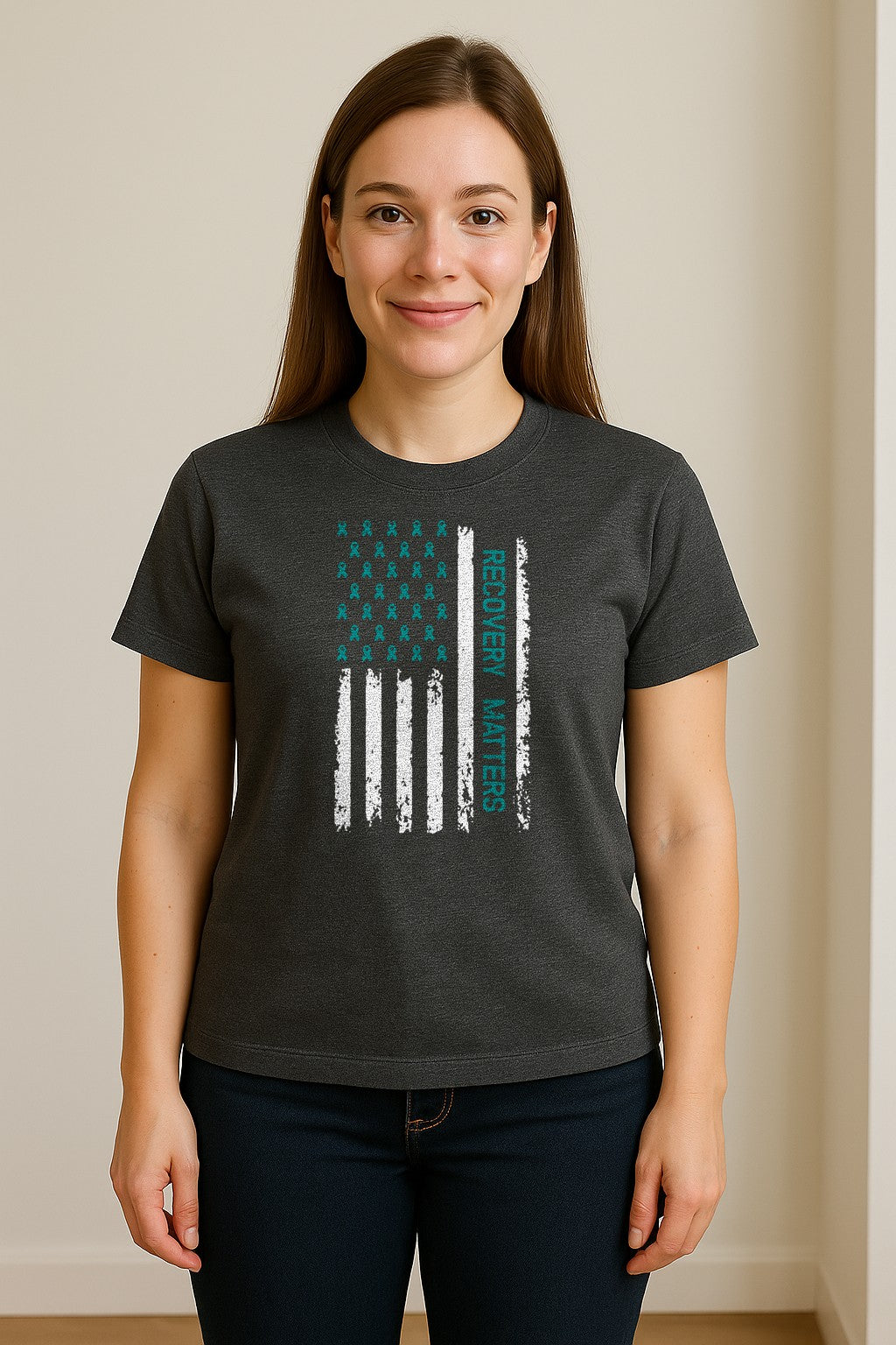 Recovery T-Shirt, Teal Ribbon Distressed Flag Design for Sobriety Support and Healing