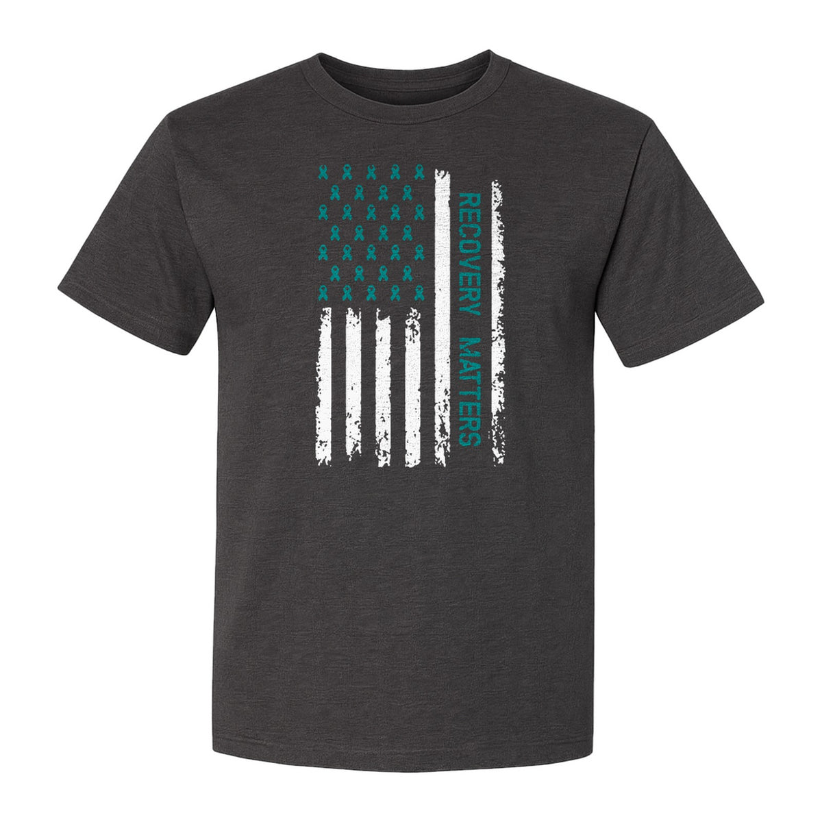 Recovery T-Shirt, Teal Ribbon Distressed Flag Design for Sobriety Support and Healing