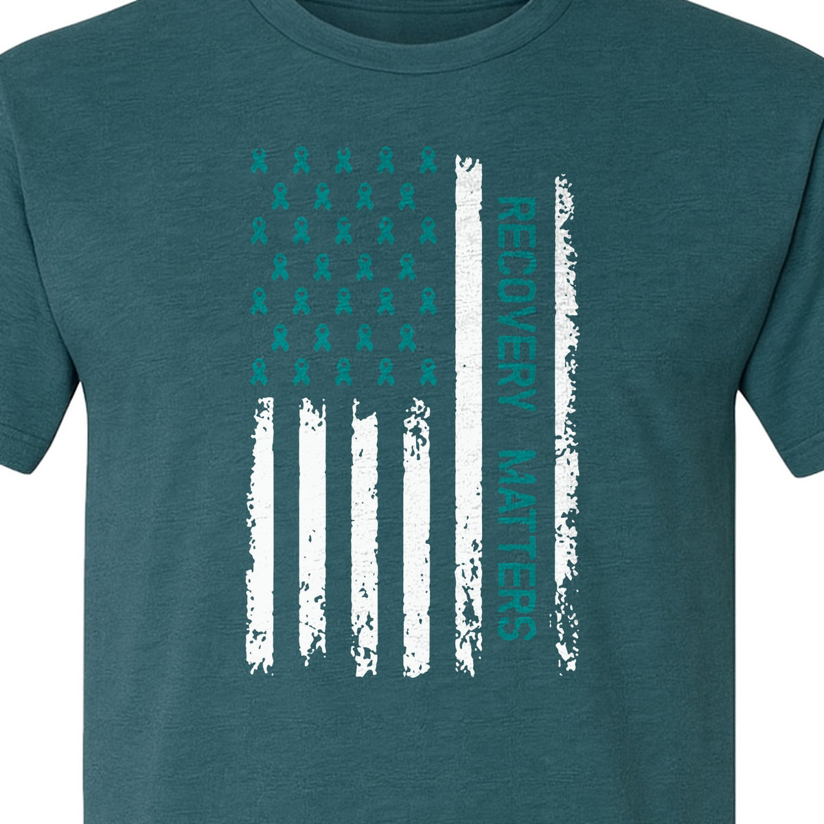 Recovery T-Shirt, Teal Ribbon Distressed Flag Design for Sobriety Support and Healing