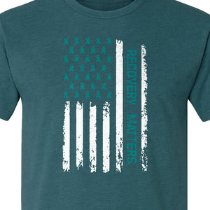Recovery T-Shirt, Teal Ribbon Distressed Flag Design for Sobriety Support and Healing