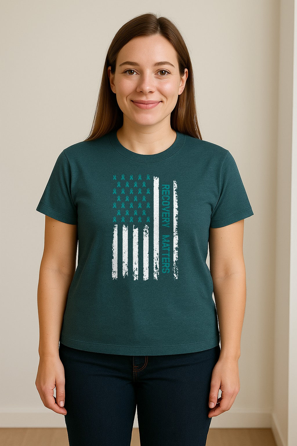 Recovery T-Shirt, Teal Ribbon Distressed Flag Design for Sobriety Support and Healing