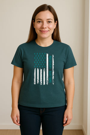Recovery T-Shirt, Teal Ribbon Distressed Flag Design for Sobriety Support and Healing