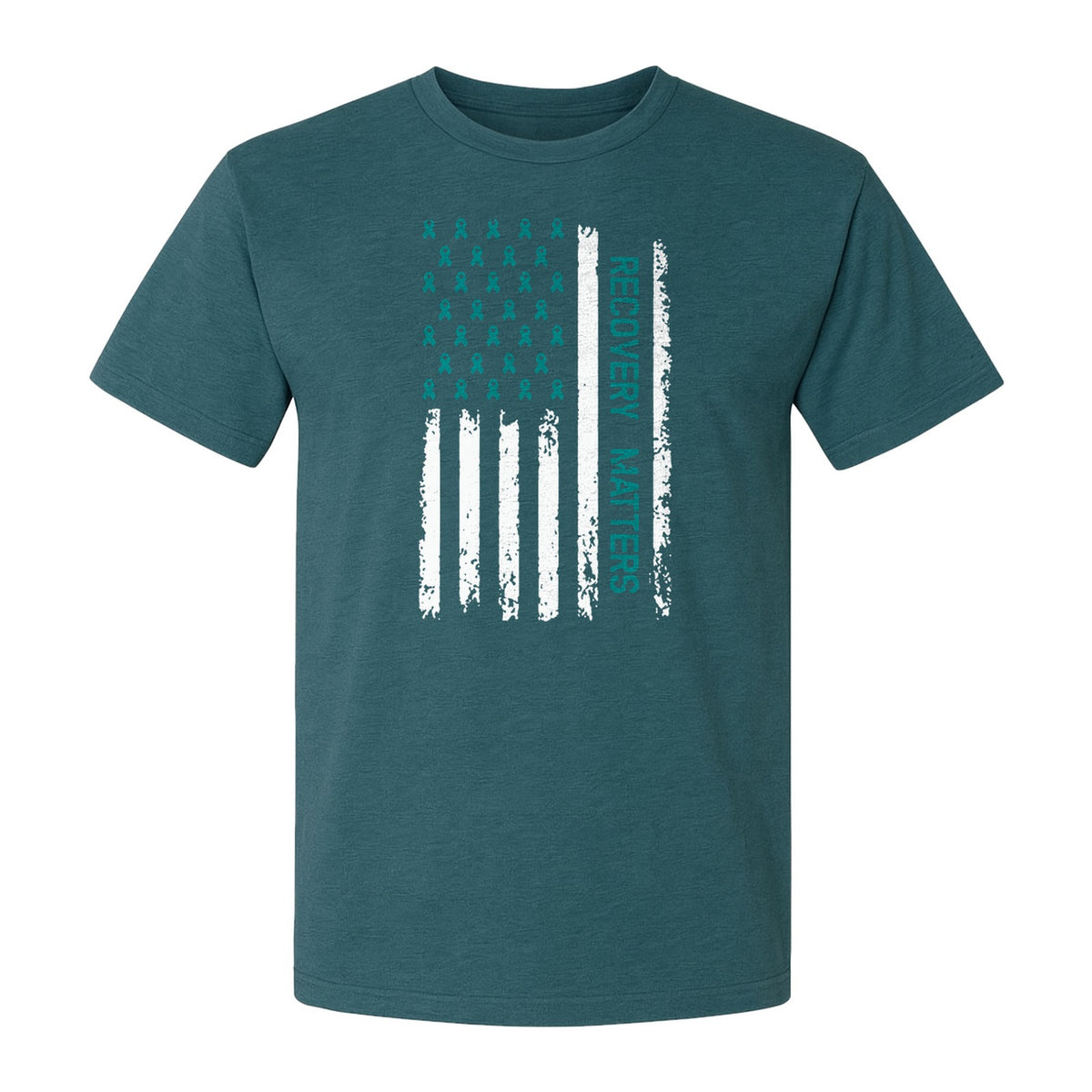 Recovery T-Shirt, Teal Ribbon Distressed Flag Design for Sobriety Support and Healing