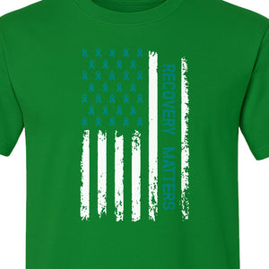 Recovery T-Shirt, Teal Ribbon Distressed Flag Design for Sobriety Support and Healing