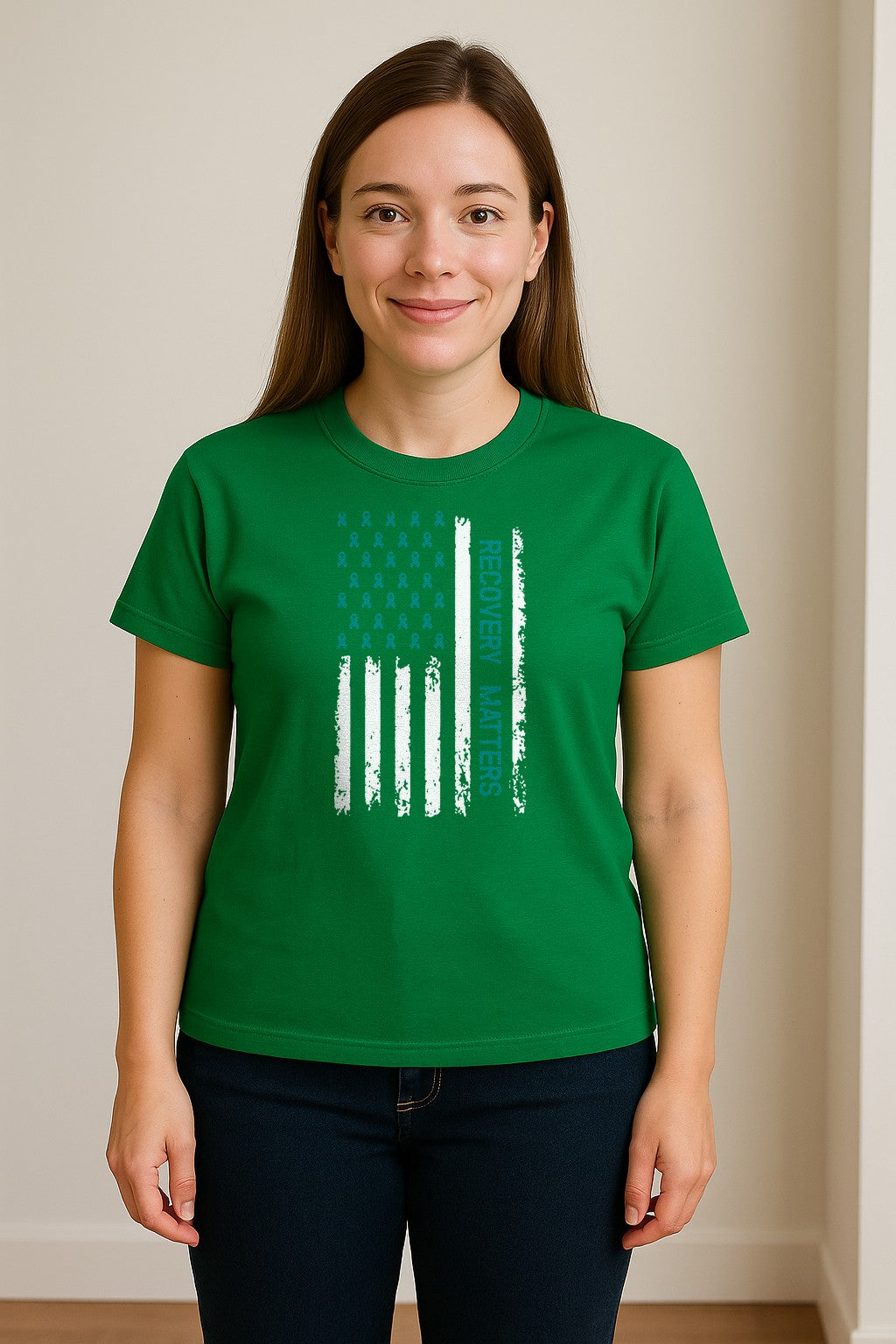 Recovery T-Shirt, Teal Ribbon Distressed Flag Design for Sobriety Support and Healing