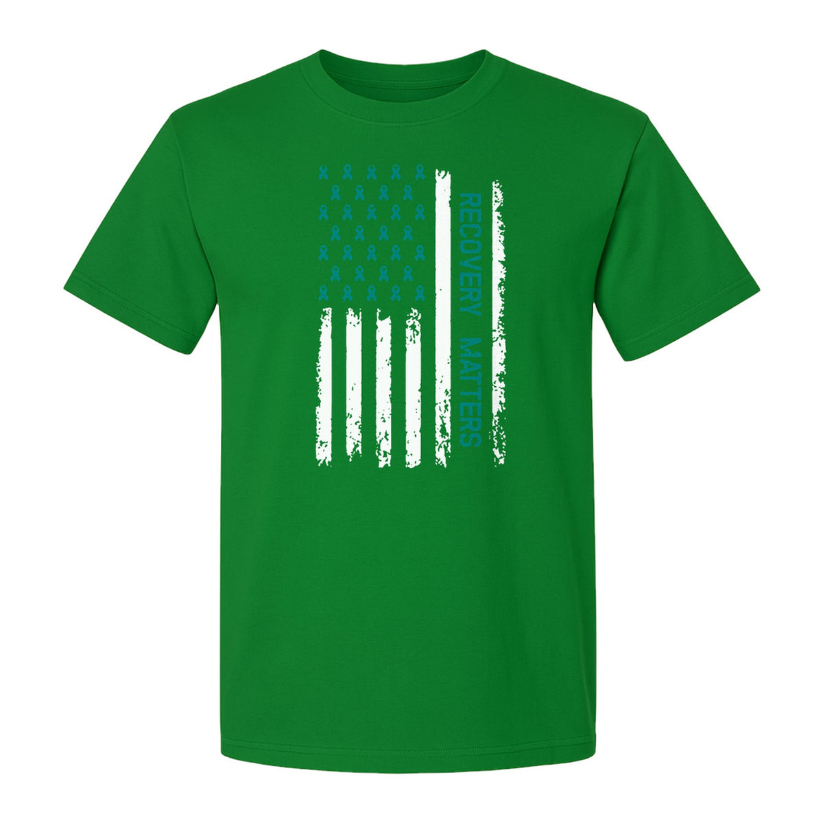 Recovery T-Shirt, Teal Ribbon Distressed Flag Design for Sobriety Support and Healing