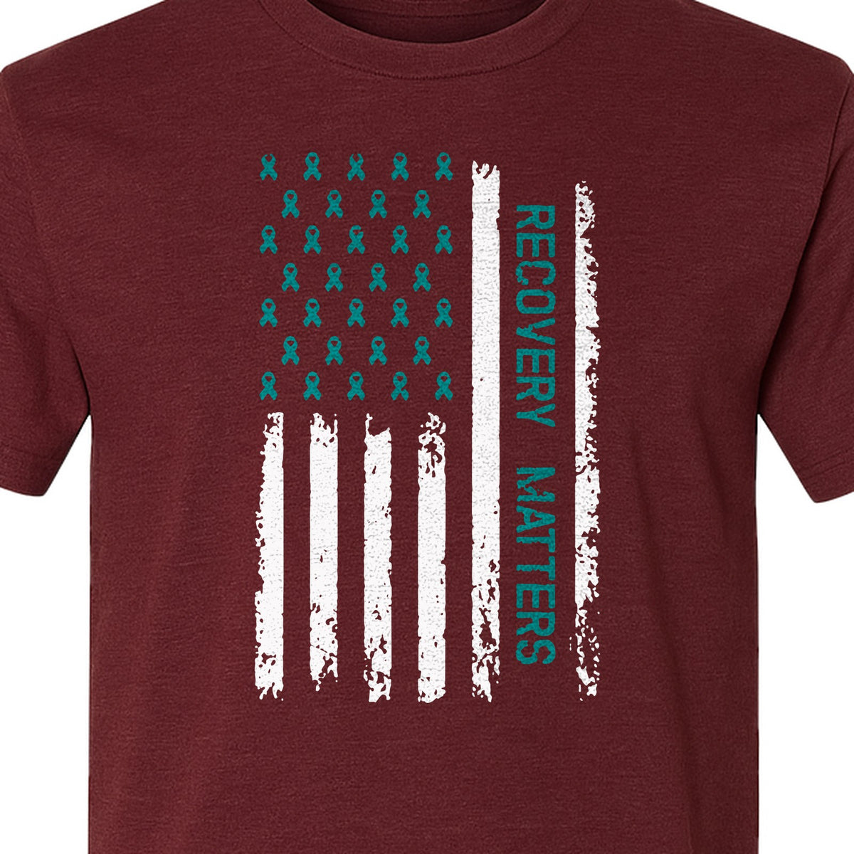 Recovery T-Shirt, Teal Ribbon Distressed Flag Design for Sobriety Support and Healing
