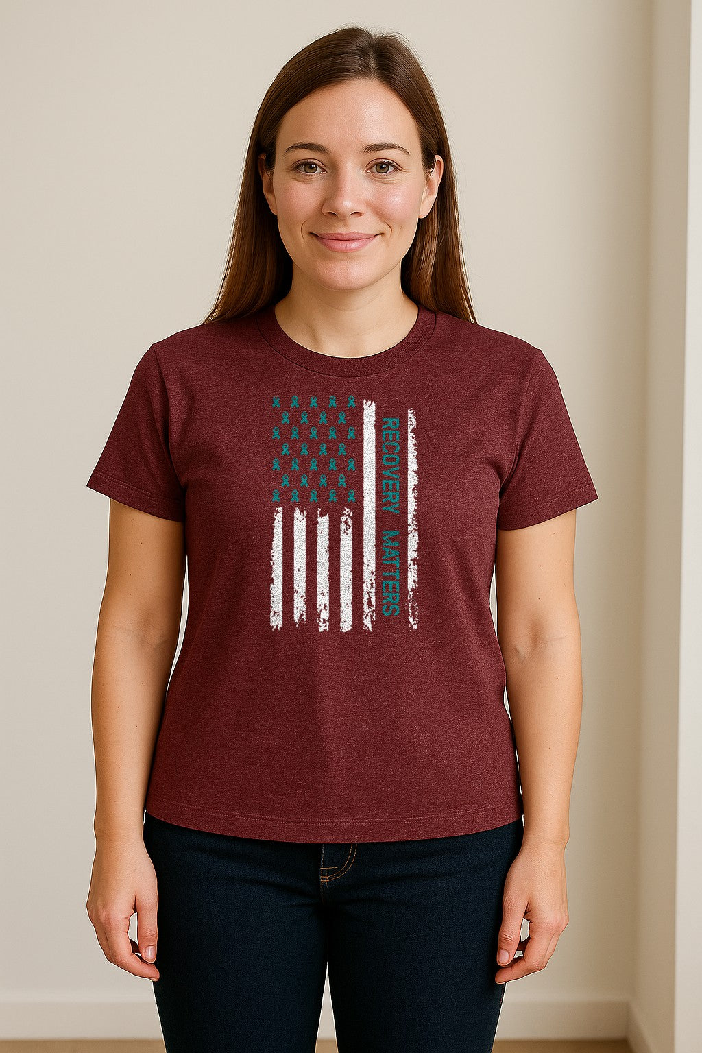Recovery T-Shirt, Teal Ribbon Distressed Flag Design for Sobriety Support and Healing
