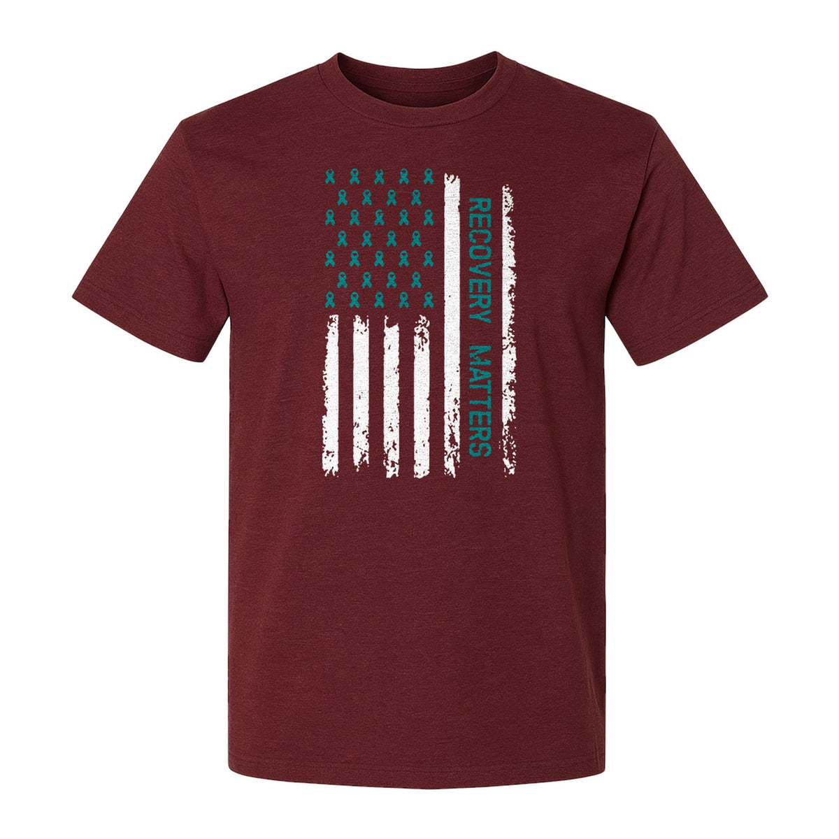 Recovery T-Shirt, Teal Ribbon Distressed Flag Design for Sobriety Support and Healing