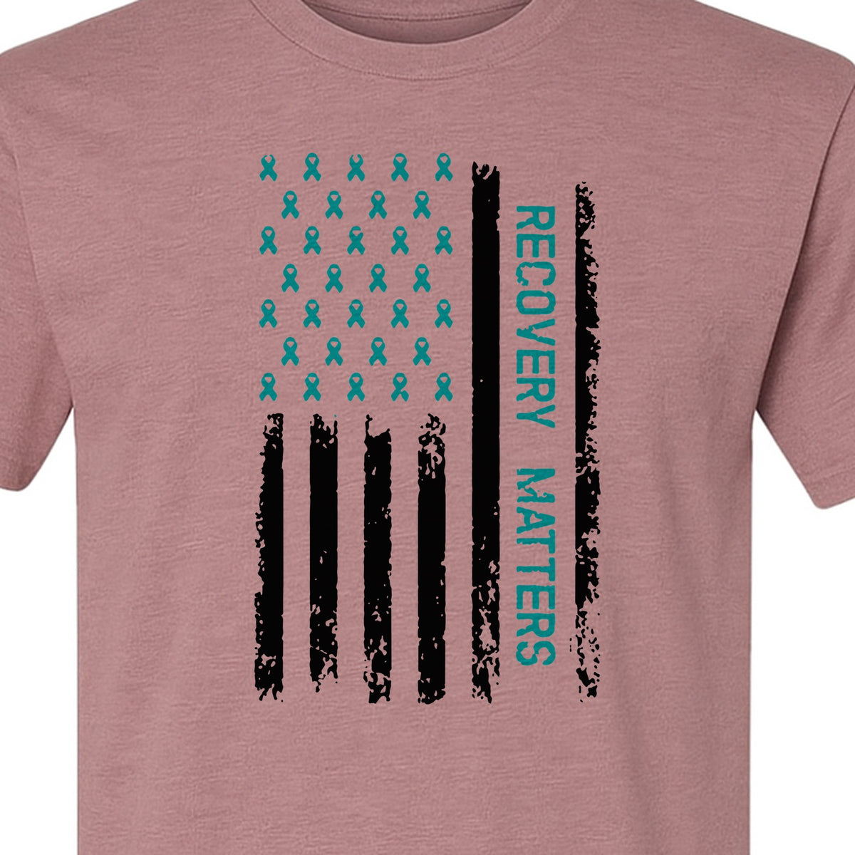 Recovery T-Shirt, Teal Ribbon Distressed Flag Design for Sobriety Support and Healing
