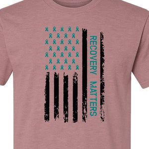 Recovery T-Shirt, Teal Ribbon Distressed Flag Design for Sobriety Support and Healing