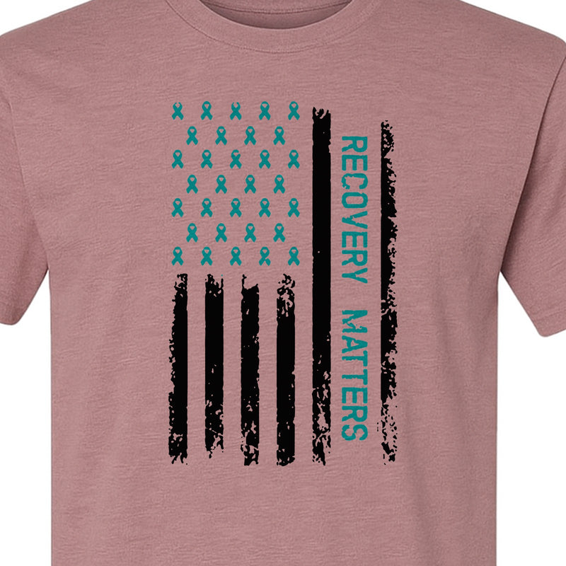 Recovery T-Shirt, Teal Ribbon Distressed Flag Design for Sobriety Support and Healing