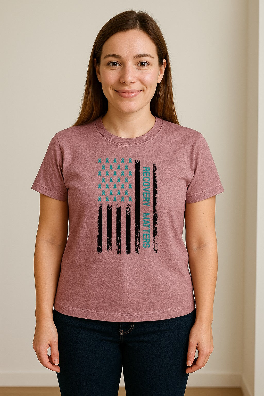 Recovery T-Shirt, Teal Ribbon Distressed Flag Design for Sobriety Support and Healing