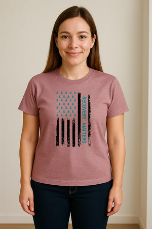 Recovery T-Shirt, Teal Ribbon Distressed Flag Design for Sobriety Support and Healing