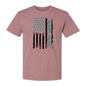 Recovery T-Shirt, Teal Ribbon Distressed Flag Design for Sobriety Support and Healing