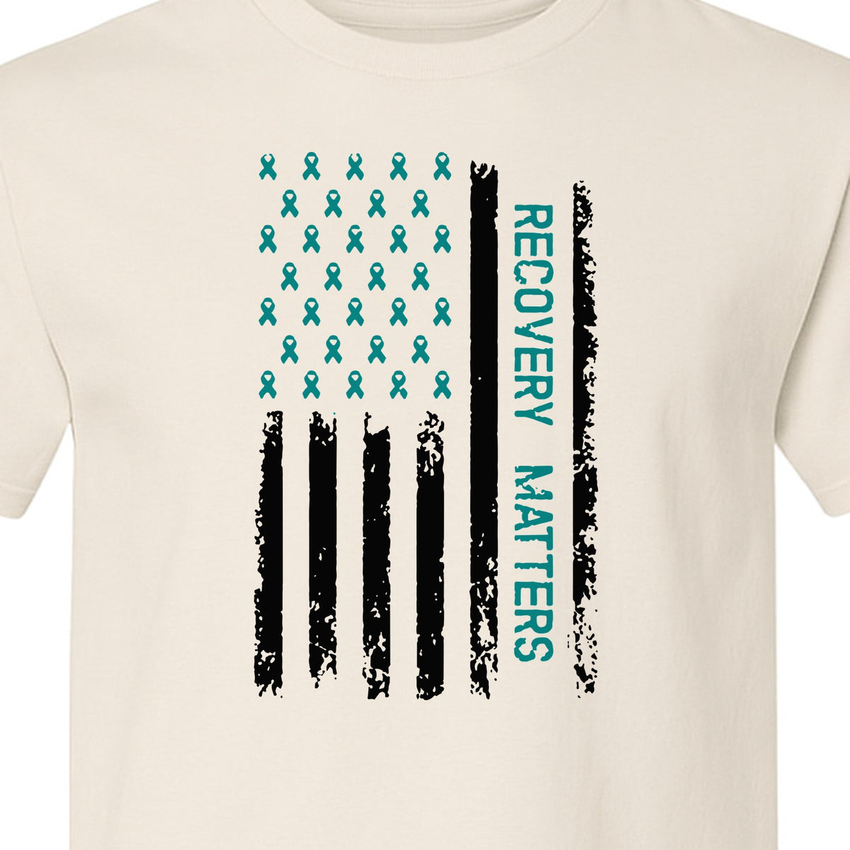 Recovery T-Shirt, Teal Ribbon Distressed Flag Design for Sobriety Support and Healing
