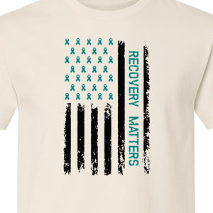Recovery T-Shirt, Teal Ribbon Distressed Flag Design for Sobriety Support and Healing