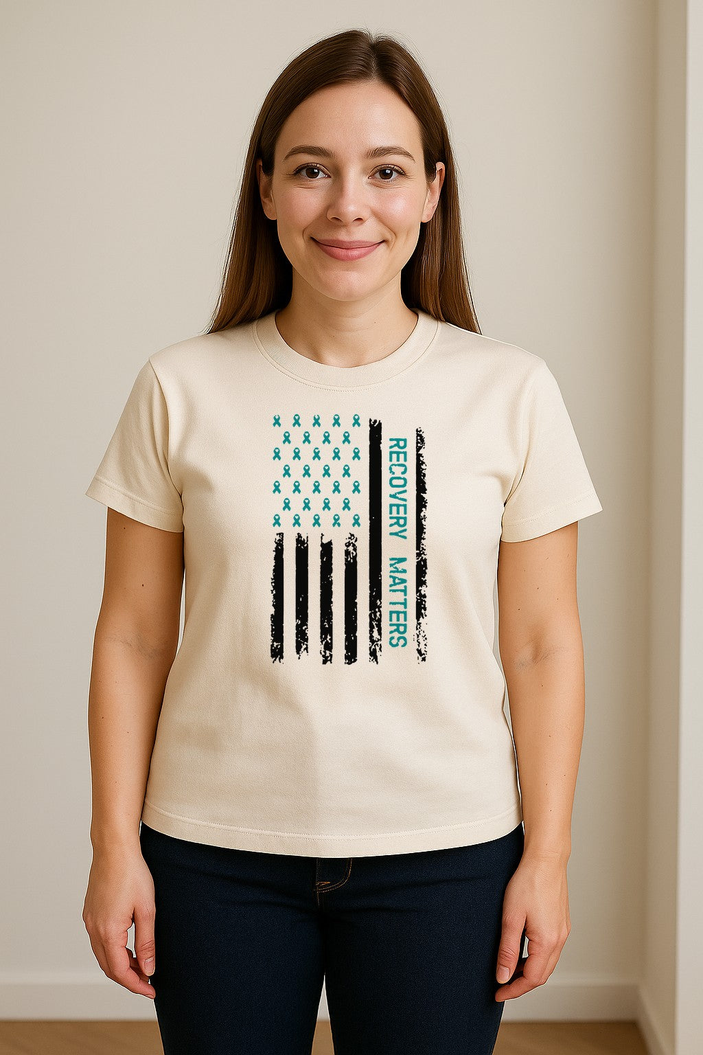 Recovery T-Shirt, Teal Ribbon Distressed Flag Design for Sobriety Support and Healing