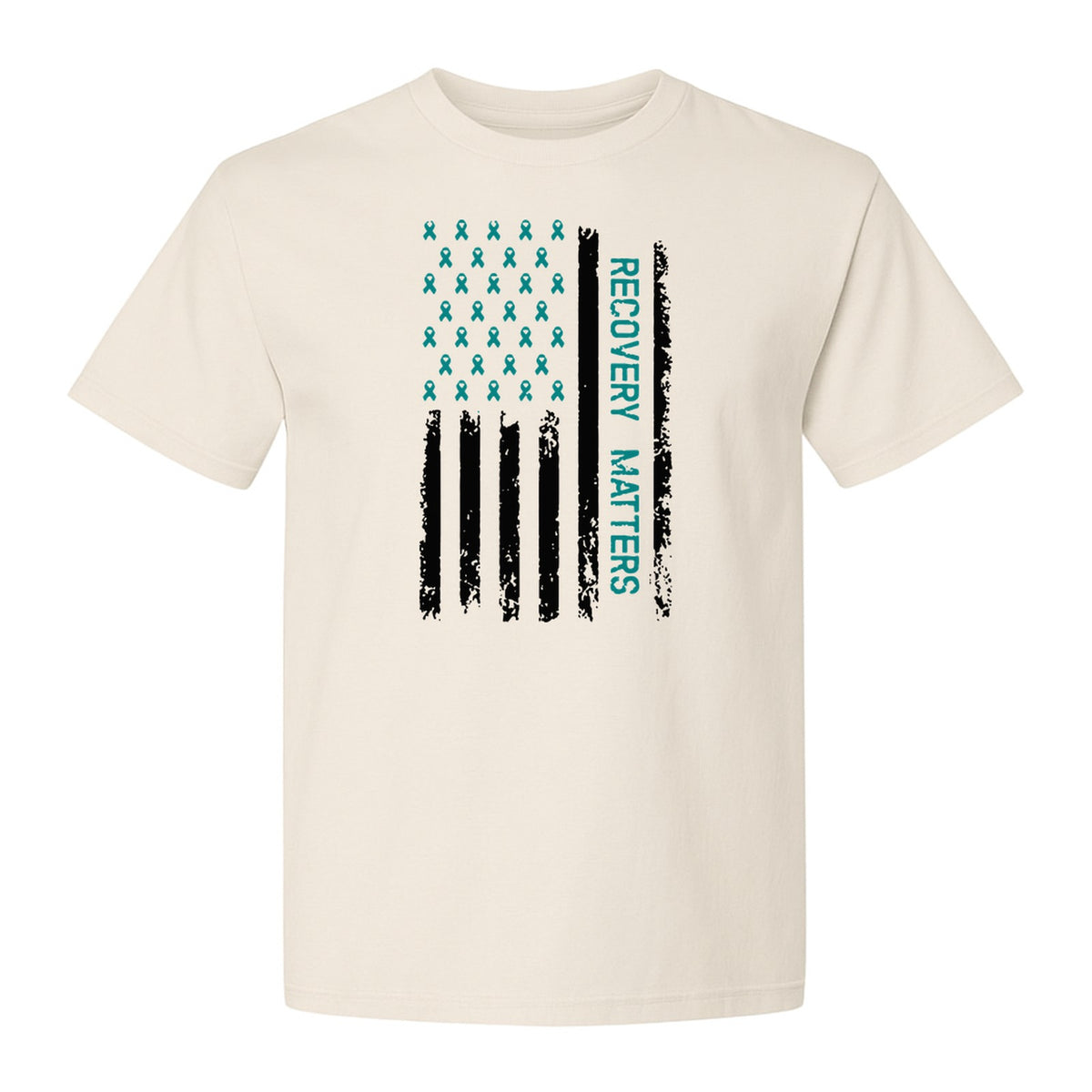 Recovery T-Shirt, Teal Ribbon Distressed Flag Design for Sobriety Support and Healing