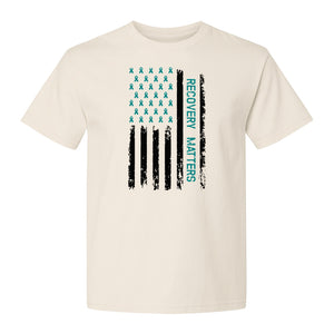 Recovery T-Shirt, Teal Ribbon Distressed Flag Design for Sobriety Support and Healing