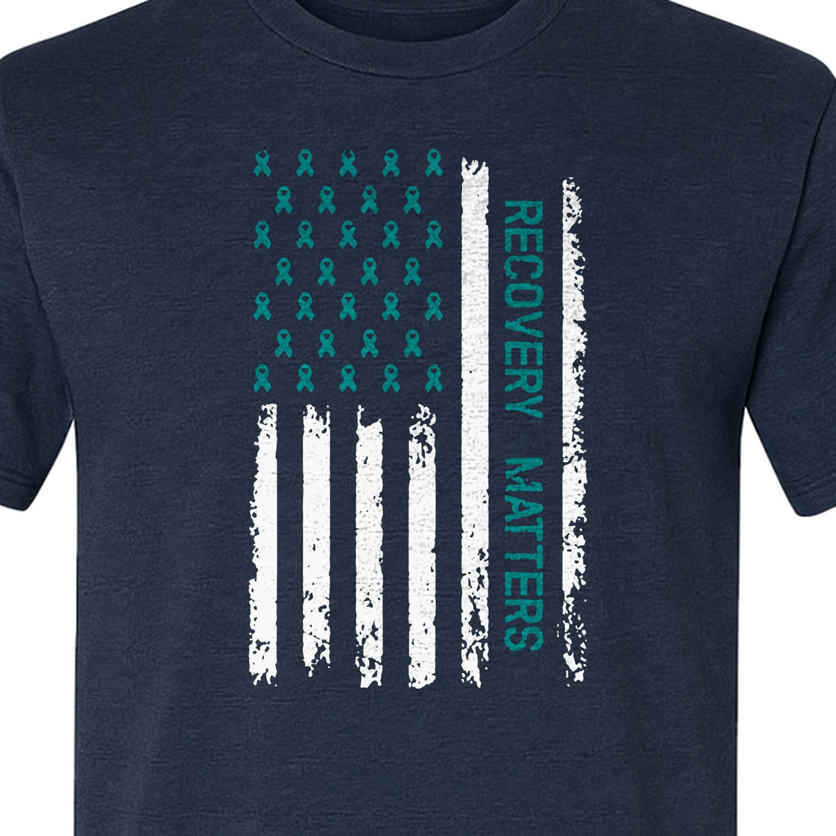 Recovery T-Shirt, Teal Ribbon Distressed Flag Design for Sobriety Support and Healing