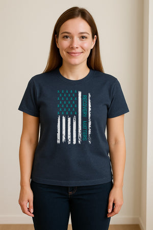 Recovery T-Shirt, Teal Ribbon Distressed Flag Design for Sobriety Support and Healing