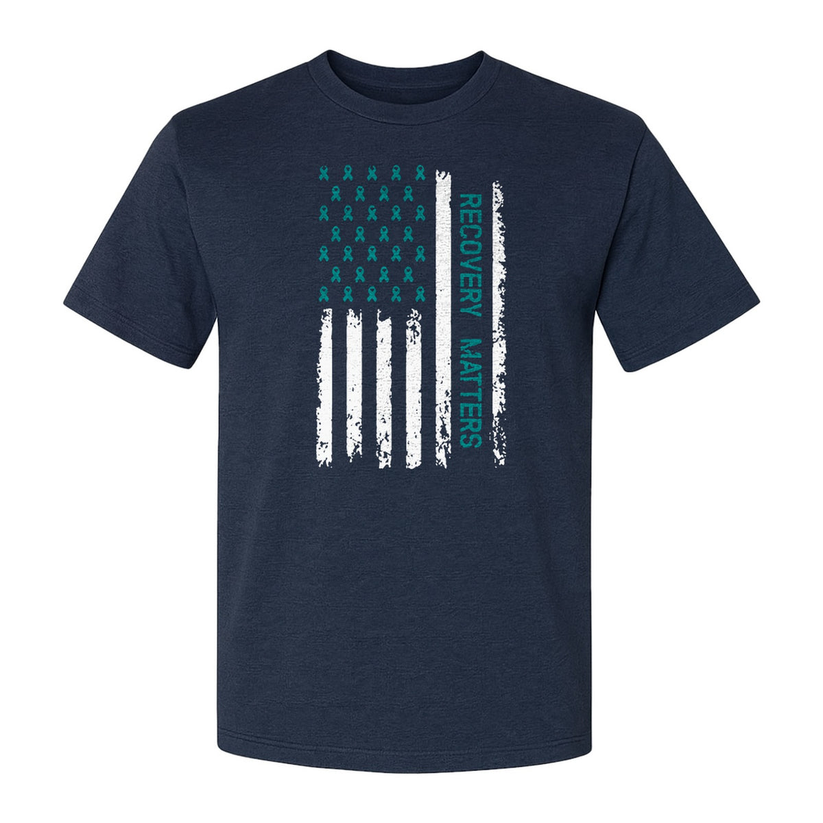 Recovery T-Shirt, Teal Ribbon Distressed Flag Design for Sobriety Support and Healing